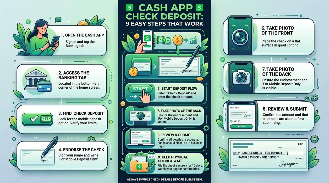 Cash App check deposit guide showing a paper check scanned with a smartphone