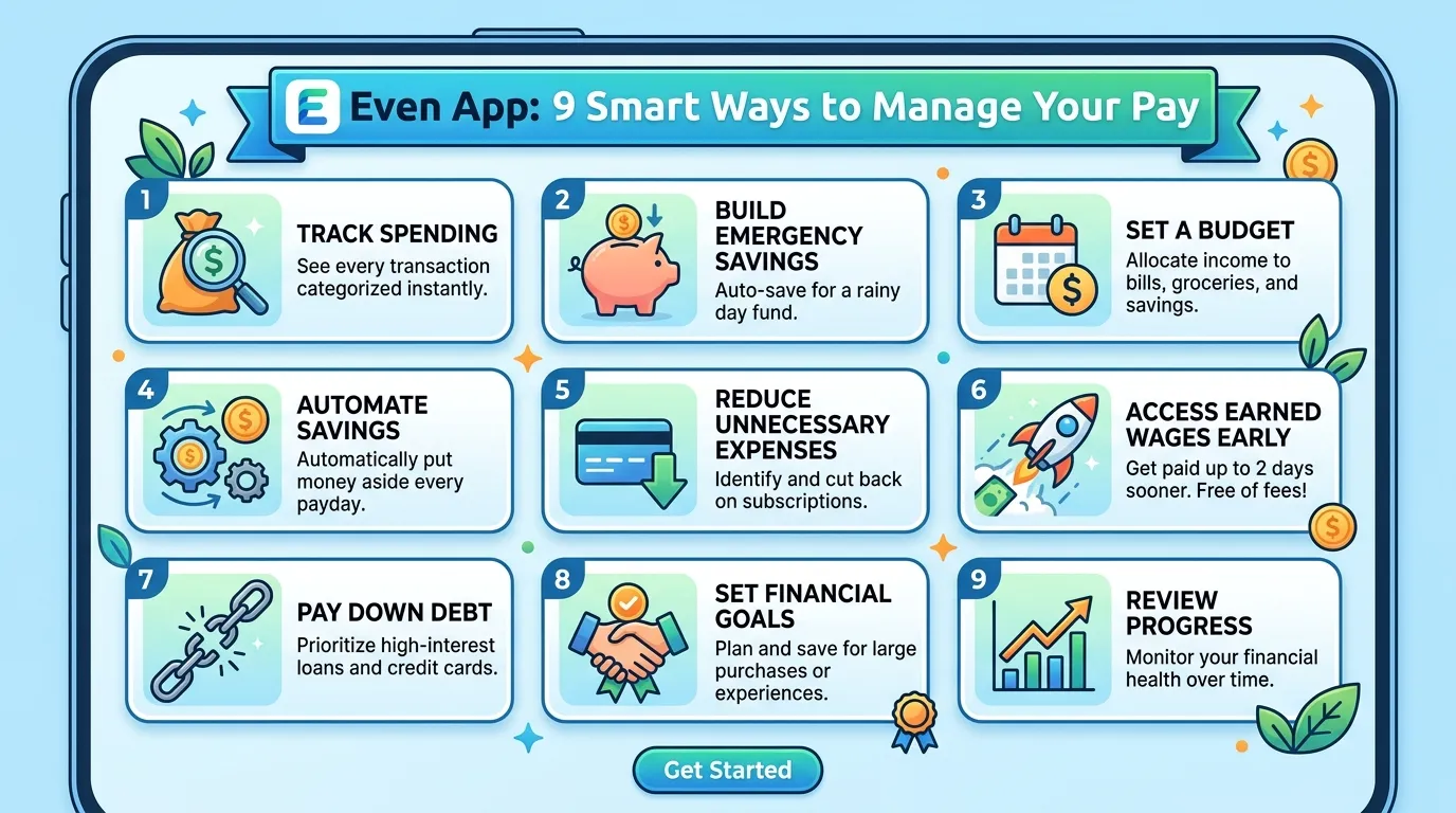 Even app dashboard for tracking earned pay, budgeting, and savings